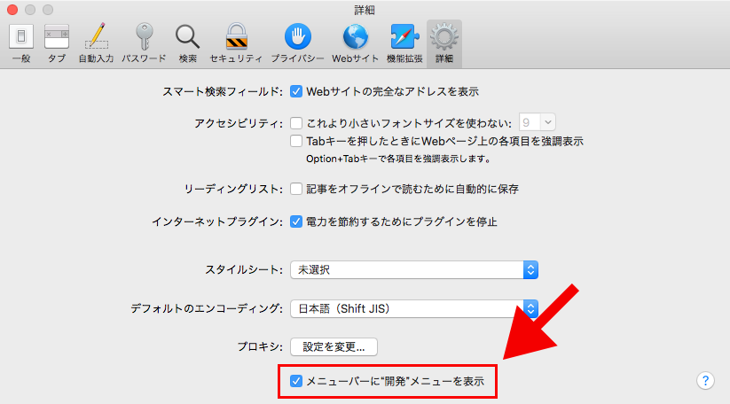 Safariの「開発」を有効にする