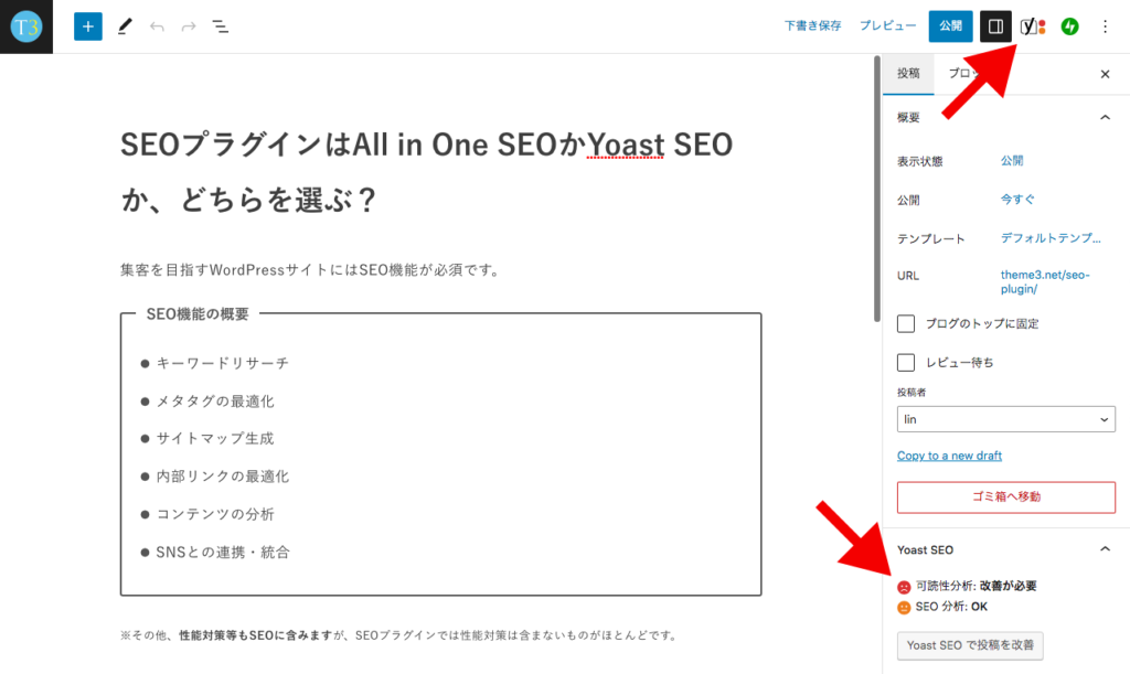 SEOプラグイン「Yoast SEO」のインジケーター